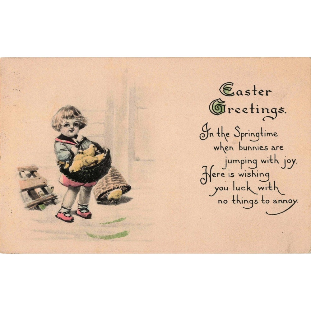 Vtg 1915 Easter Greetings Postcard Girl w/ Chicks Sheboygan WI Postmark - Picture 1 of 2